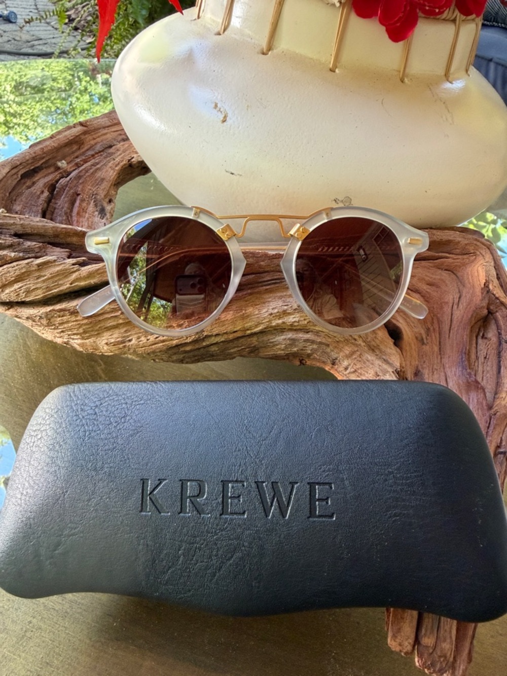 KREWE Round Sunglasses POWDER BLUE Frames with 18k Gold Bridge and Brown Lenses